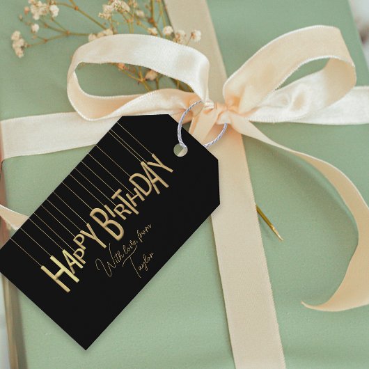Gold Hanging Lettering in Black Happy Birthday Cadeaulabel