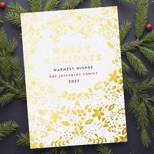 Gold Happy Holiday Florals Foil Carte de vacances