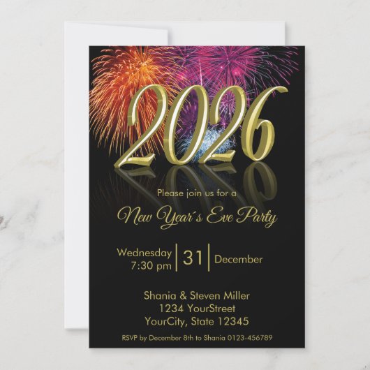 Gold Happy New Year 2026 Fireworks Invitation (Devant)