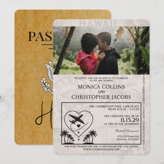 Gold Hawaii Passport Uitnodiging voor een bruiloft (Voorkant / Achterkant)
