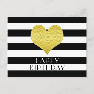 Gold Heart Black White Stripes Happy Birthday Briefkaart