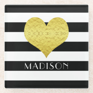 Gold Heart Black White Stripes Pattern Name Glazen Onderzetter