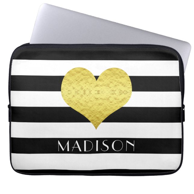 Gold Heart Black White Stripes Pattern Name Laptop Sleeve (Voorkant)