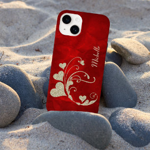 Gold Heart Faux Glitter op Red Case-Mate iPhone 14 Hoesje