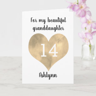 Gold Heart Happy 14e verjaardag kleindochter Kaart