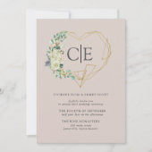 Gold Heart Monogram White Rose Hydrangea Wedding Kaart (Voorkant)
