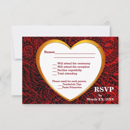 Gold Heart & Red Fabric RSVP & Menu Flat Kaart (Voorkant)