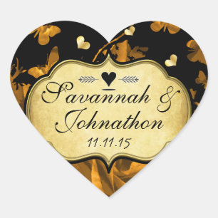 Gold Heart Rozen en Butterflies Wedding Hart Sticker