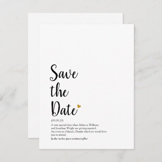 Gold Heart Script Save the Date Definition Aankondigingskaart (Voorkant / Achterkant)