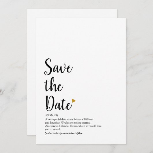 Gold Heart Script Save the Date Definition Kaart (Voorkant / Achterkant)
