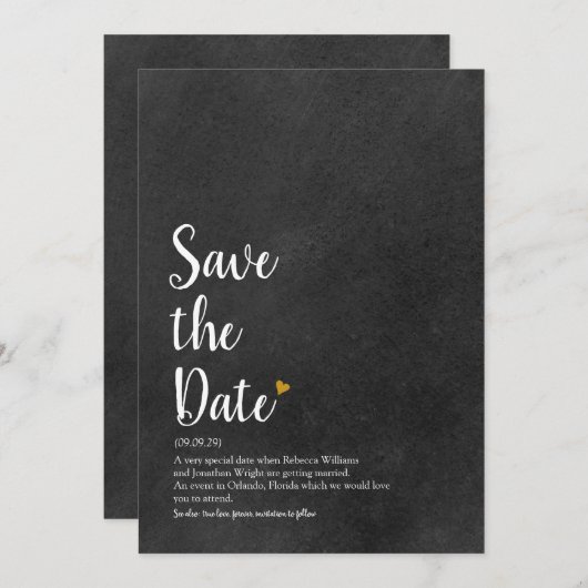 Gold Heart Script Save the Date Definition Kaart (Voorkant / Achterkant)