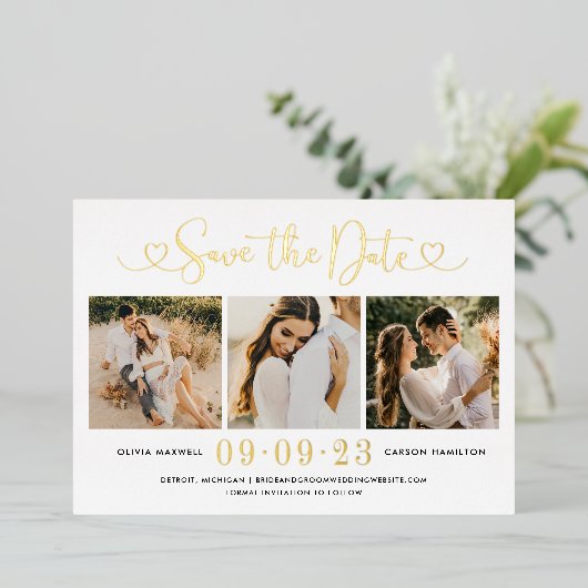 Gold Heart Script Weduwfoto Save the Date Folie Uitnodiging (Staand Voorkant)