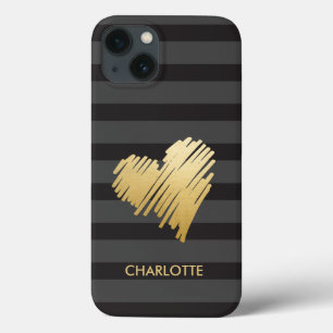 Gold Heart Striped Personalized iPhone 13 Hoesje