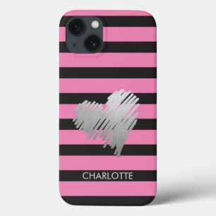 Gold Heart Striped Personalized iPhone 13 Hoesje