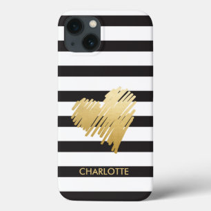 Gold Heart Striped Personalized iPhone 13 Hoesje