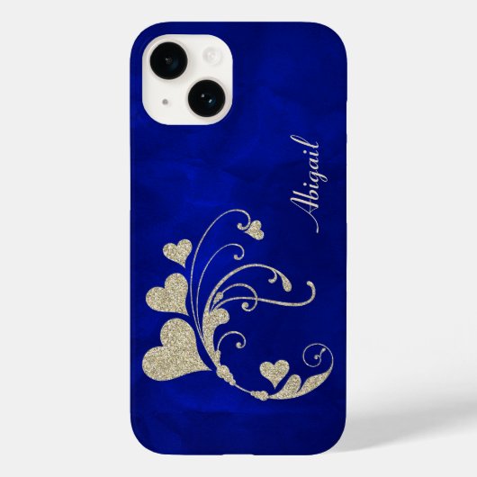 Gold Heart Swirl Faux Glitter over Royal Blue Case-Mate iPhone Case (Achterkant)