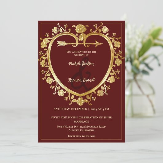 Gold Heart Wedding Uitnodiging (Staand voorkant)