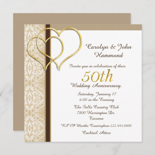 Gold Hearts 50e anniversaire Mariage Invitation (Devant / Derrière)