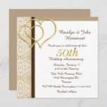 Gold Hearts 50e anniversaire Mariage Invitation<br><div class="desc">Elégante invitation de fête du cinquantième mariage en forme de carré,  avec un motif damassé bronzé et blanc,  à gauche et deux accents de coeur doré. Personnalisez le texte marron pour votre événement spécial du 50e anniversaire du mariage.</div>