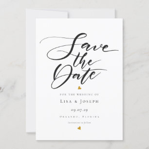 Gold Hearts Black en White Script Save the Date Kaart