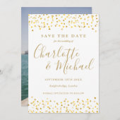 Gold Hearts Confetti Script Photo Weddenschap Save The Date (Voorkant / Achterkant)