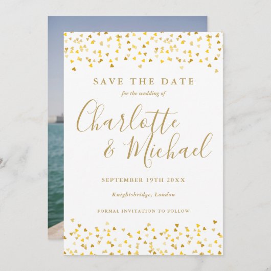 Gold Hearts Confetti Script Photo Weddenschap Save The Date (Voorkant / Achterkant)