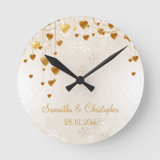 Gold Hearts en Snowflakes Wedding Memento Ronde Klok
