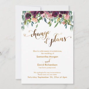 Gold Hearts Floral Verandering van Plans Bruiloft  Kaart
