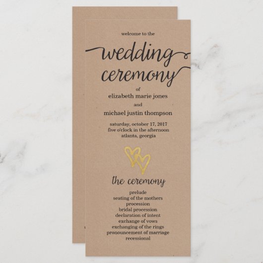 Gold Hearts Kraft Wedding Programma (Voorkant / Achterkant)