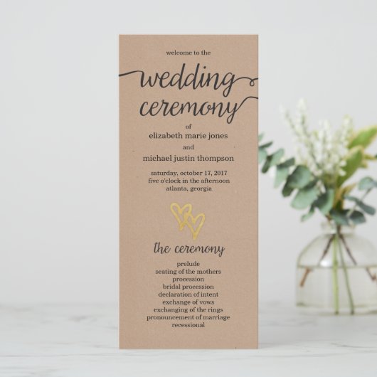 Gold Hearts Kraft Wedding Programma (Staand voorkant)