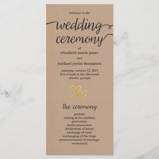 Gold Hearts Kraft Wedding Programma (Voorkant)