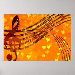 Gold Hearts met een metallic Treble Clef en Muziek Poster