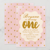 Gold Hearts & Pink 1st Birthday Party Uitnodiging (Voorkant / Achterkant)