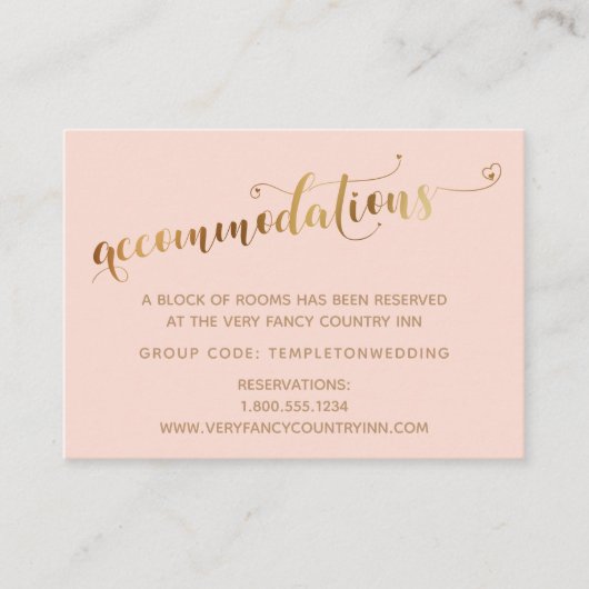 Gold Hearts Script Blush bruiloftsaccommodaties Informatiekaartje (Voorkant)