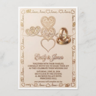 Gold Hearts & Wedding Rings Elegant Invitation Informatiekaartje