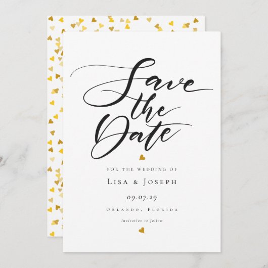 Gold Hearts Zwart-wit Script De datum opslaan Kaart (Voorkant / Achterkant)
