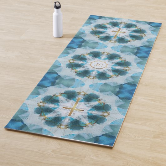 Gold Heilige Kruisspotlight, blauwe Waterverf Yogamat (In situ)