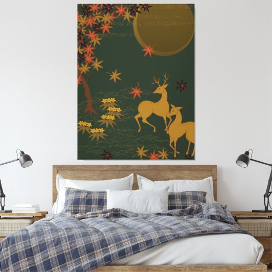 Gold Herfst Moon Rustic Forest Natuur Deer Canvas Afdruk (Insitu (Slaapkamer))