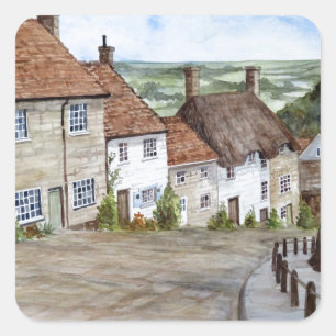 Gold Hill, Shaftesbury, Dorset Waterverf Painting Vierkante Sticker