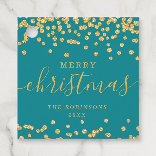 Gold Holiday Kerstmis Glitter Confetti Blauwgroen Bedankjes Labels (Voorkant)
