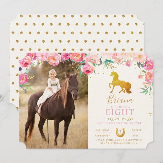 Gold Horse & Floral Photo Birthday Invitation Kaart (Voorkant / Achterkant)