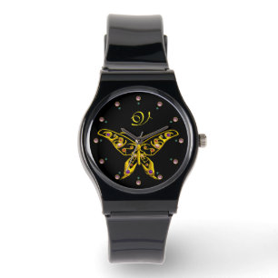 GOLD HYPER BUTTERFLES MET GEMSTONES Monogram Black Horloge