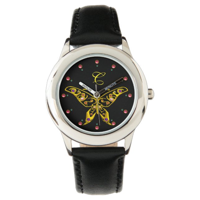 GOLD HYPER BUTTERFLES MET GEMSTONES Monogram Black Horloge (Voorkant)