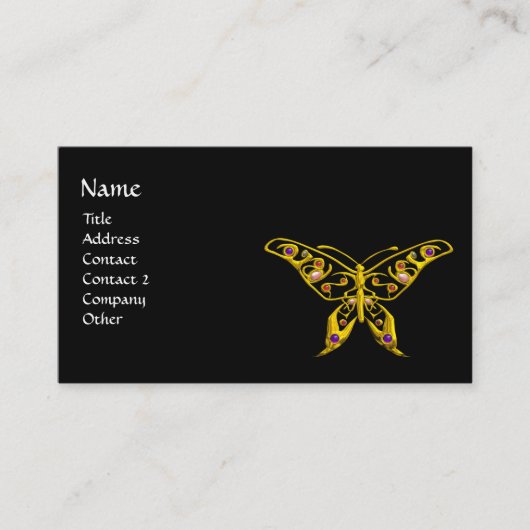 GOLD HYPER BUTTERFLY, COLORFUL GEMSTONES Black Visitekaartje (Voorkant)