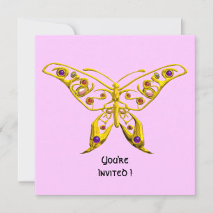GOLD HYPER BUTTERFLY, GEMSTONES Pink Wedding Invit Kaart