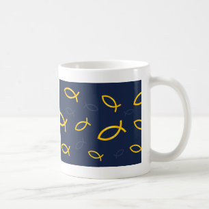 Gold Ichthus Pattern op Navy Blue Background Koffiemok