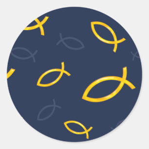 Gold Ichthus Pattern op Navy Blue Background Ronde Sticker