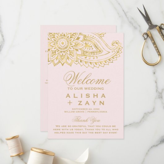 Gold Indian Paisley | Blush Pink Wedding Programme (Devant/Arrière en situation)