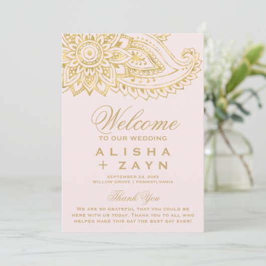 Gold Indian Paisley | Blush Pink Wedding Programme Programma (Staand voorkant)