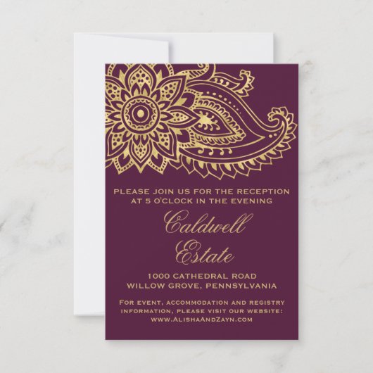 Gold Indian Paisley Wedding Reception Kaart (Voorkant)
